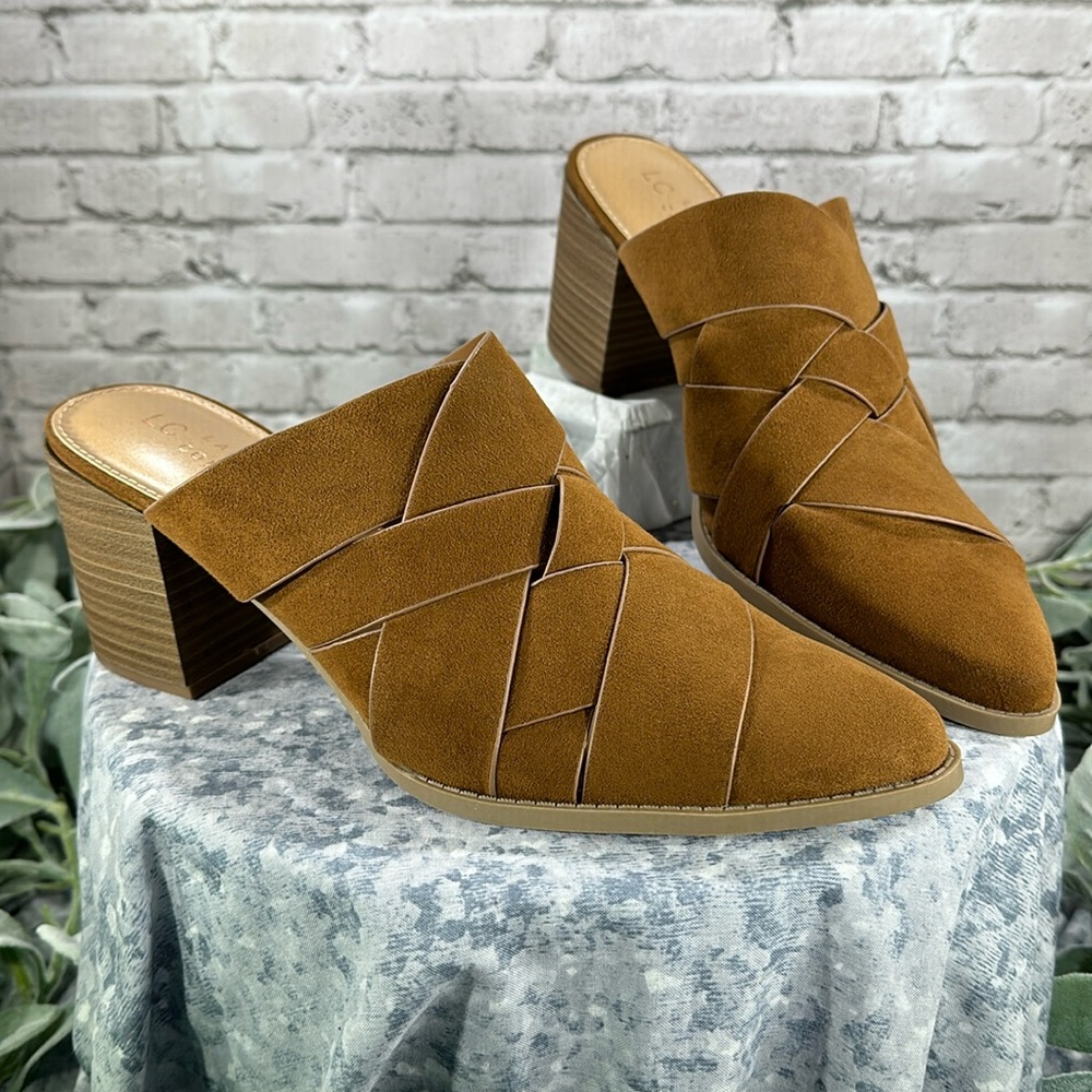 LC Lauren Conrad Rowann Cognac Cross-Band Fashion Comfort Mules WMS 10M✨NWOT✨